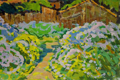 Vibrant impressionist oil painting by Ruban Grigory Savelievich of lilac blooms in lush garden
