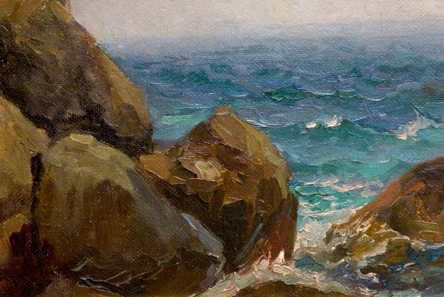 Oil painting of Pacific sea rocks and waves by Yakov Aleksandrovich Basov
