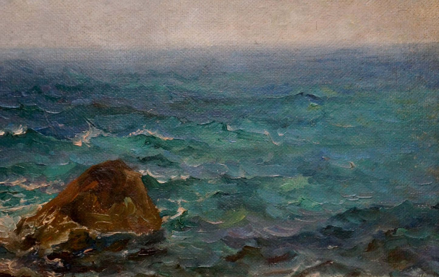 Oil painting Pacific sea by Yakov Aleksandrovich Basov: textured rock in teal waves