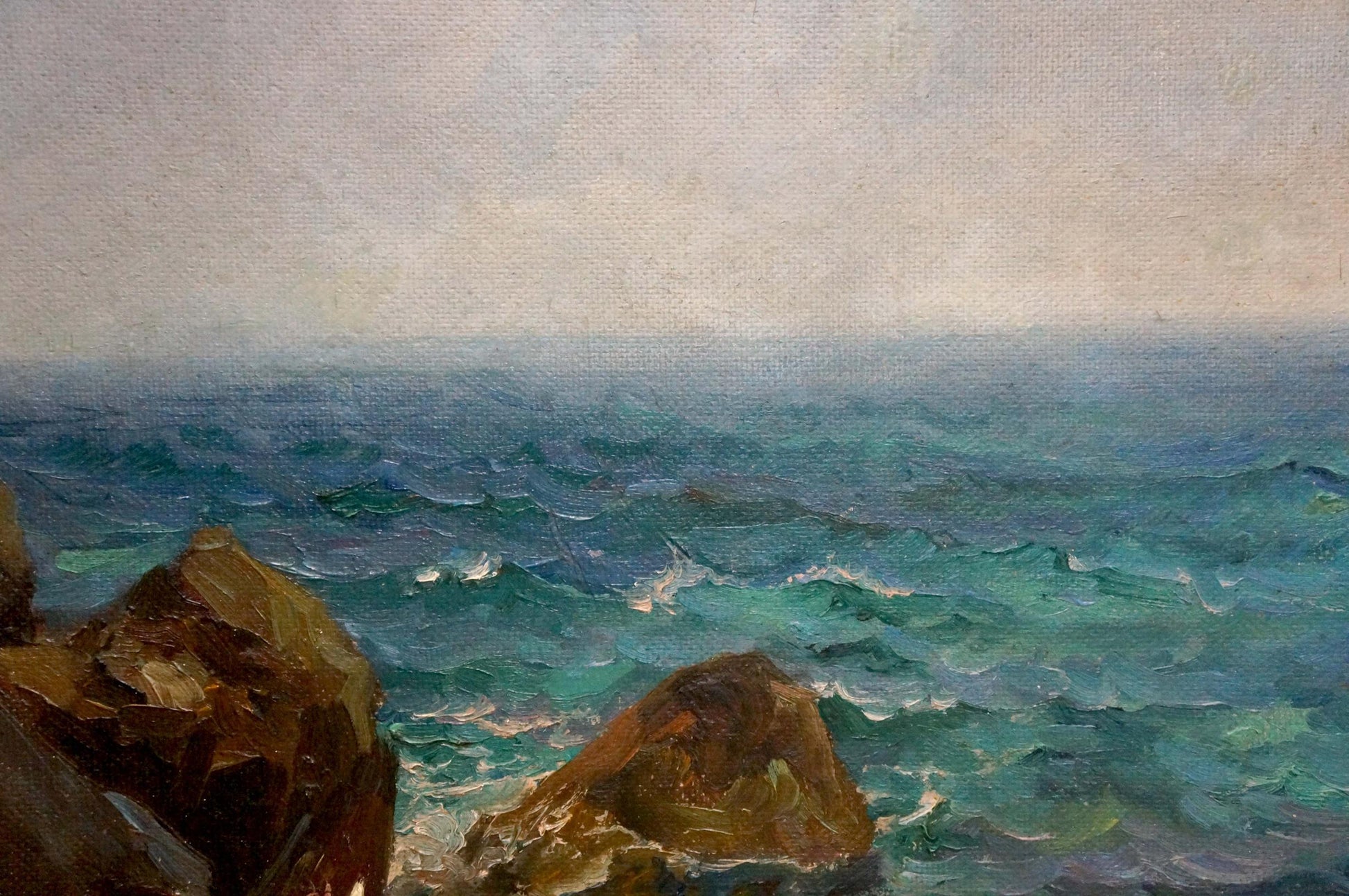 Oil painting Pacific sea by Yakov Aleksandrovich Basov, turbulent teal waves on rocks