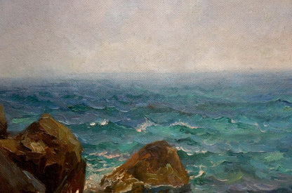 Oil painting Pacific sea by Yakov Aleksandrovich Basov, turbulent teal waves on rocks