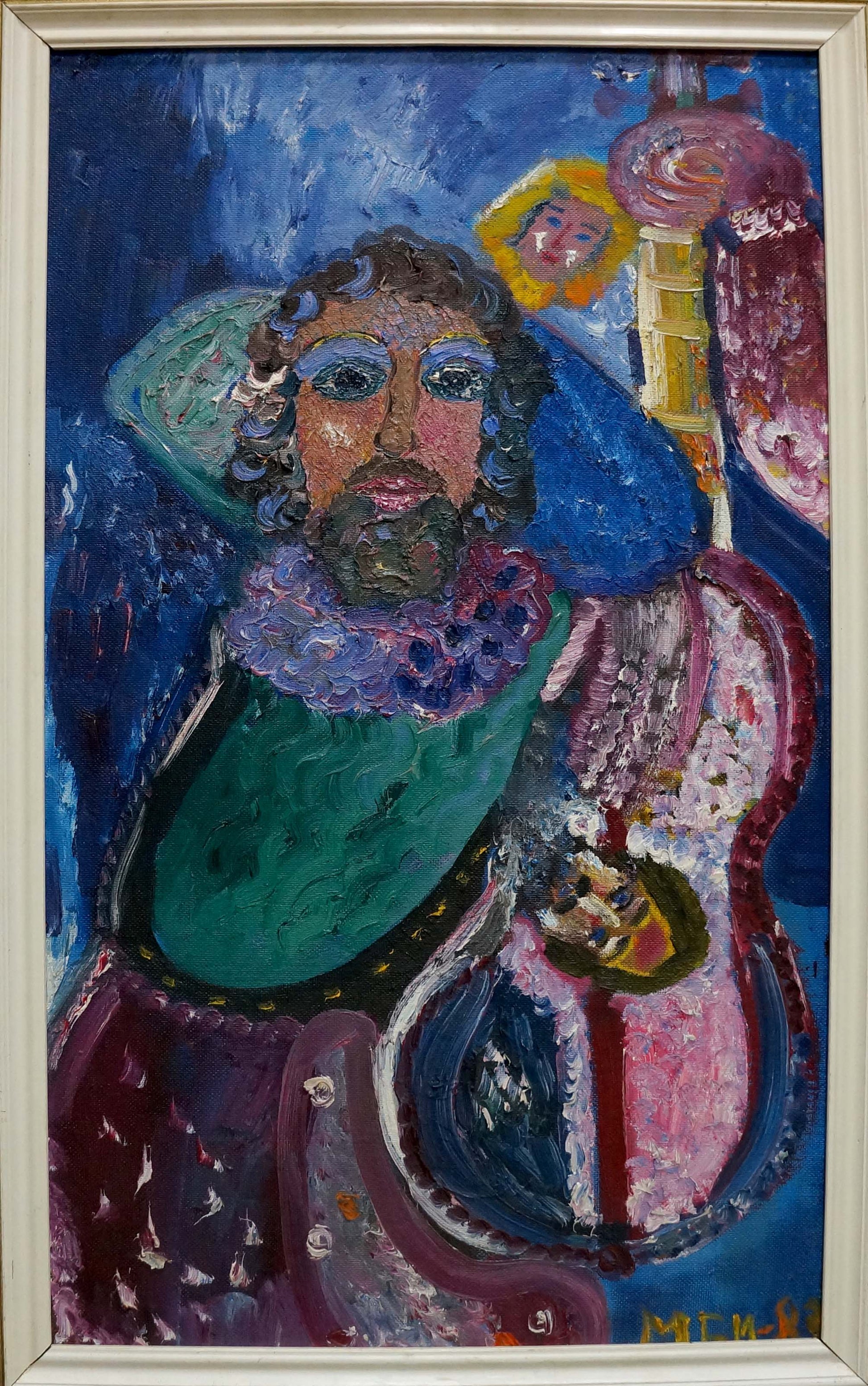 Abstract oil painting Musician by Medvedeva E.I. bearded figure with instrument