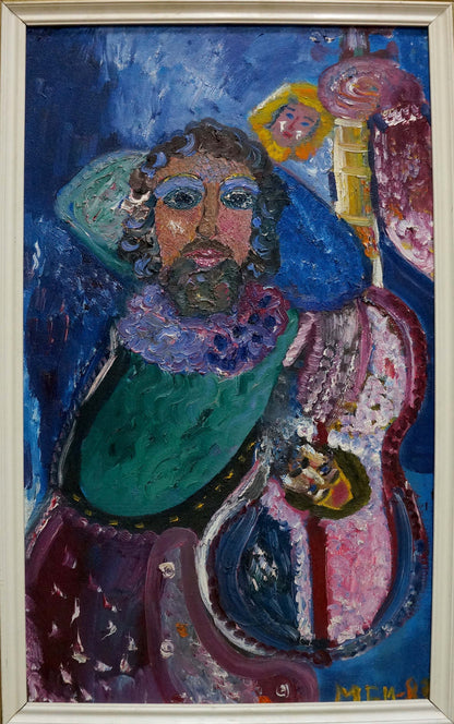 Abstract oil painting Musician by Medvedeva E.I. bearded figure with instrument