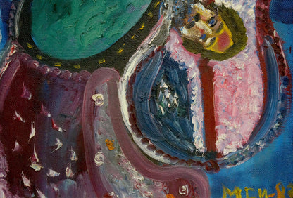 Abstract oil painting Musician by Medvedeva E.I. with swirling purple, blue, pink, teal strokes