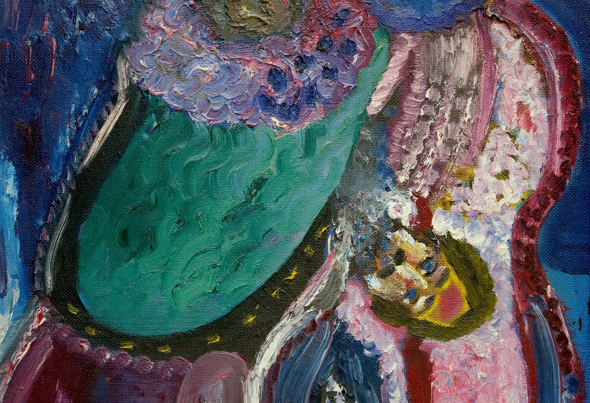 Abstract oil painting by Musician Medvedeva E.I.: emerald green gown with purple blue ruffled collar