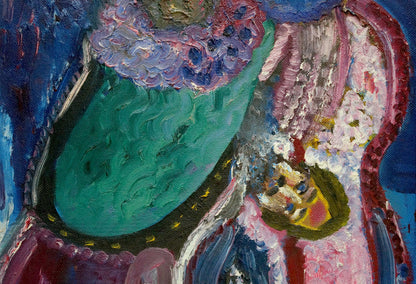 Abstract oil painting by Musician Medvedeva E.I.: emerald green gown with purple blue ruffled collar