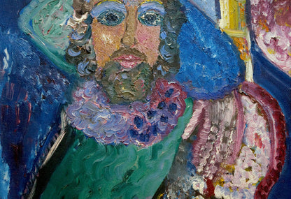 Abstract oil painting of curly-haired musician in blue hat by Medvedeva E. I