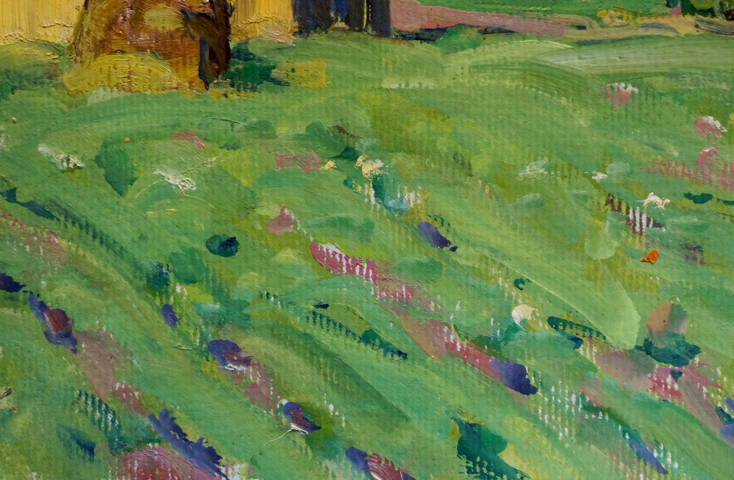 Oil painting by Fomin Anatoly Nikiforovich: vibrant green field with pink, purple, blue wildflowers