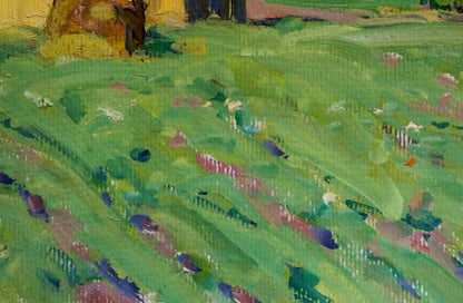 Oil painting by Fomin Anatoly Nikiforovich: vibrant green field with pink, purple, blue wildflowers