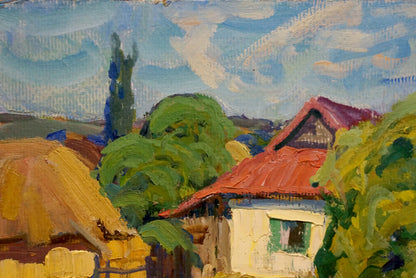 Oil painting of rustic white house by Fomin Anatoly Nikiforovich