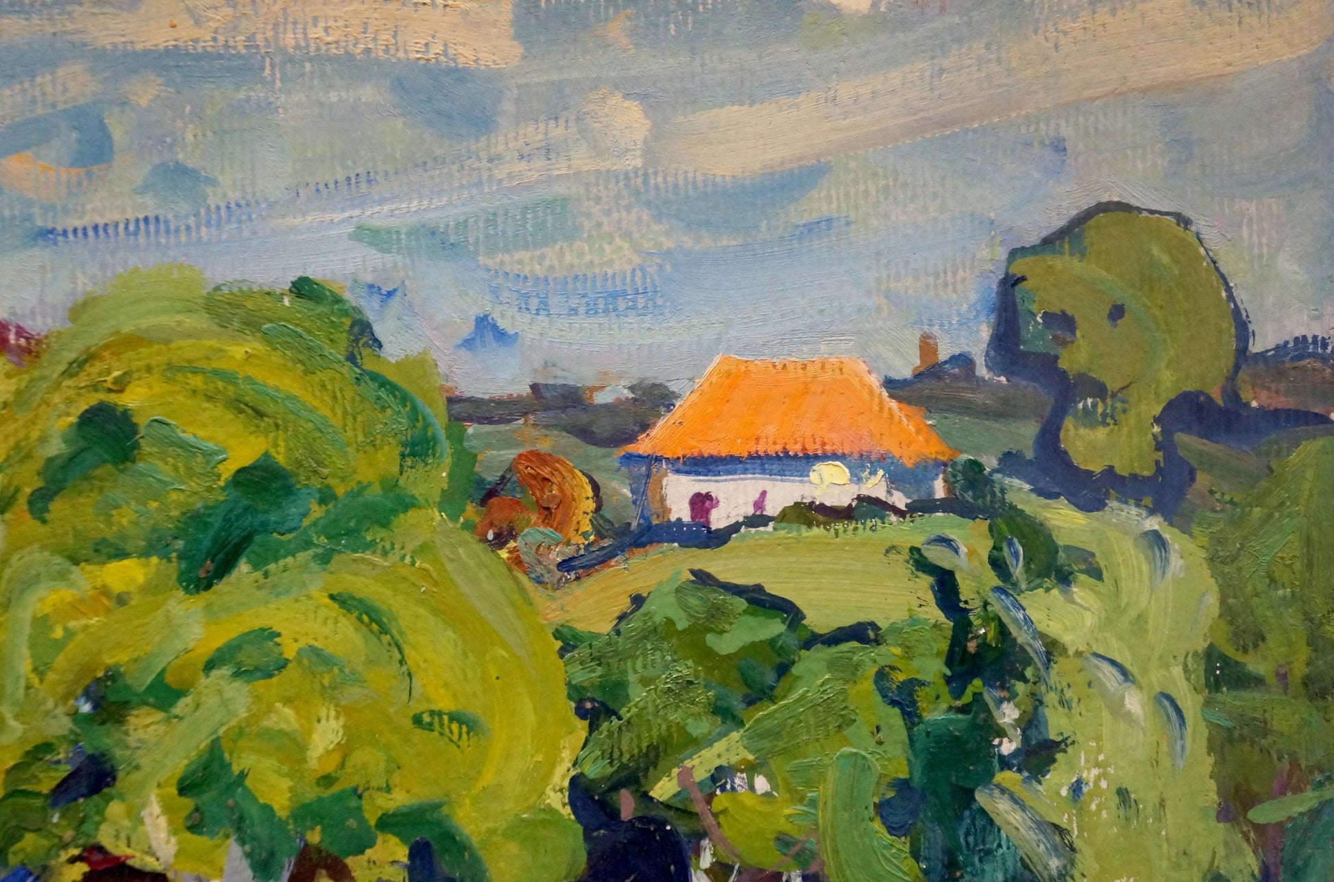 Oil painting by Fomin Anatoly Nikiforovich: white house with orange thatched roof in lush hills
