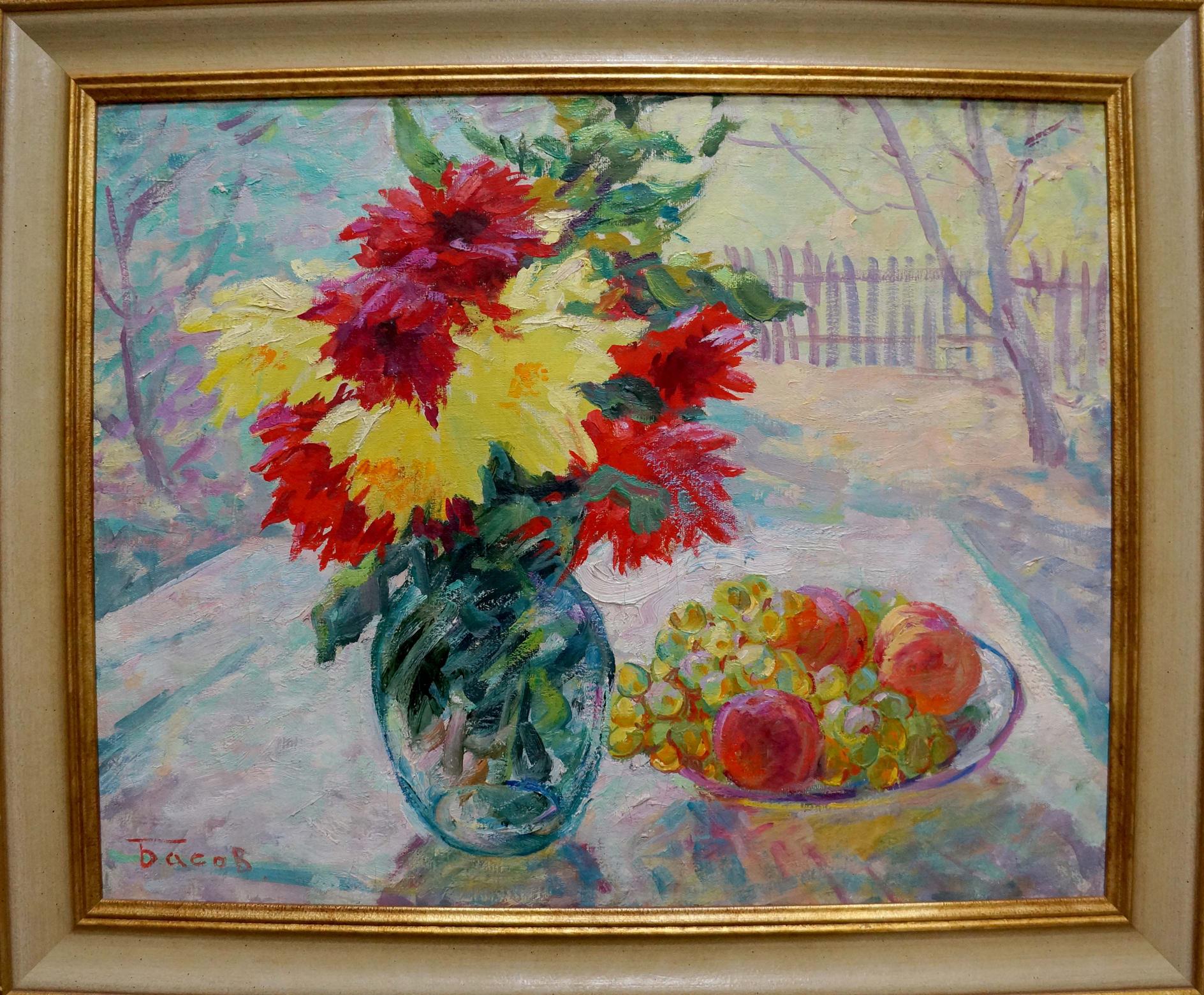 Oil painting by Basov Yakov Alexandrovich: vase of red yellow flowers, fruits