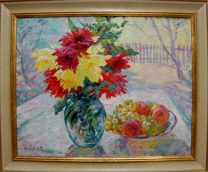 Oil painting by Basov Yakov Alexandrovich: vase of red yellow flowers, fruits