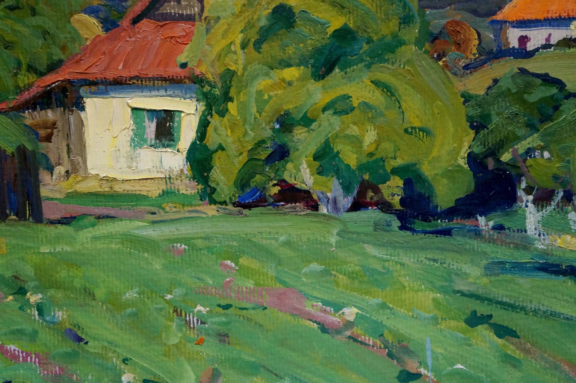 Vibrant impressionist oil painting of rustic cottage by Fomin Anatoly Nikiforovich