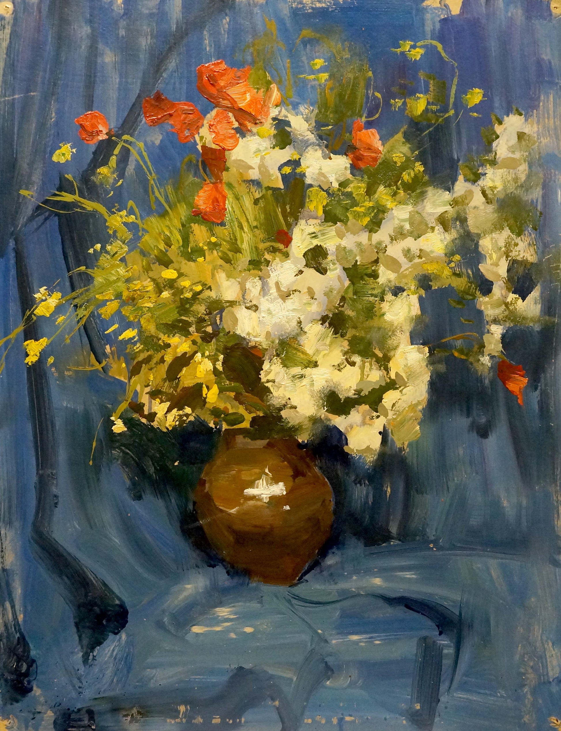 Oil painting by Olkhov Vladimir Nikolaevich: rustic vase with orange poppies