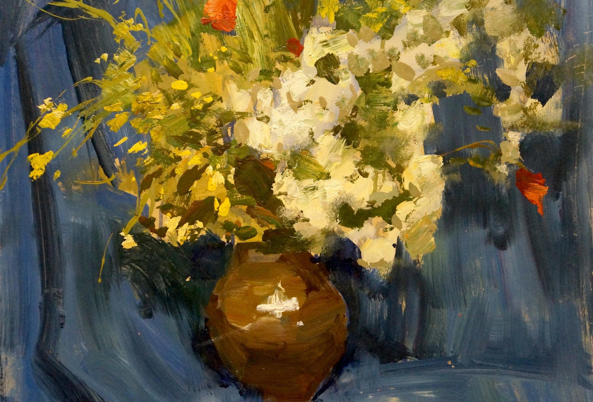 Oil painting by Olkhov Vladimir Nikolaevich: rustic vase with white yellow flowers