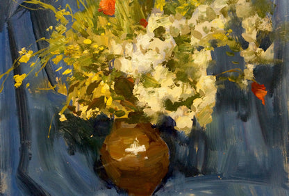 Oil painting by Olkhov Vladimir Nikolaevich: rustic vase with white yellow flowers