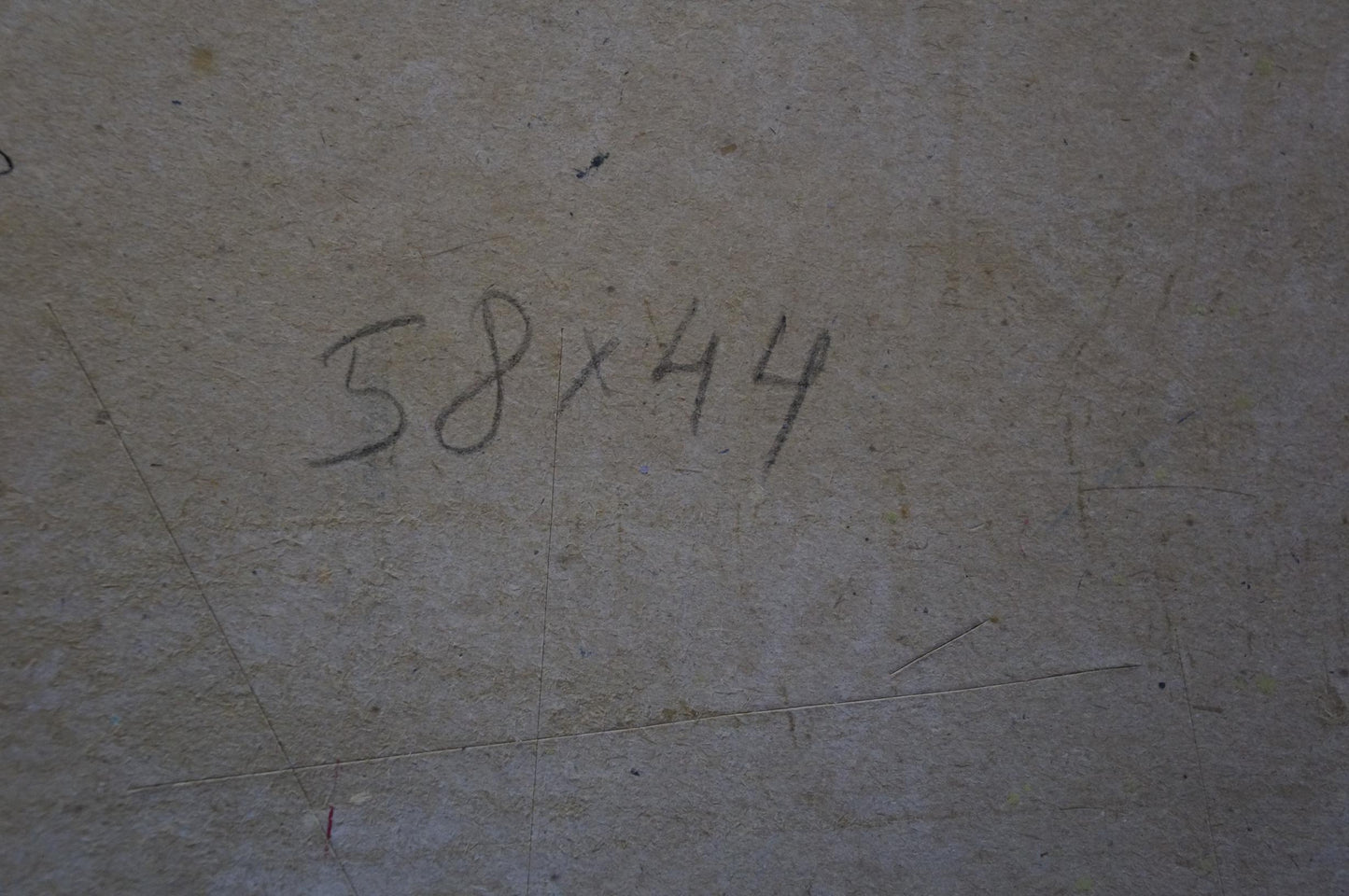 Back of Olkhov Vladimir Nikolaevich oil painting with handwritten 58x44 on gray concrete