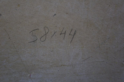 Back of Olkhov Vladimir Nikolaevich oil painting with handwritten 58x44 on gray concrete