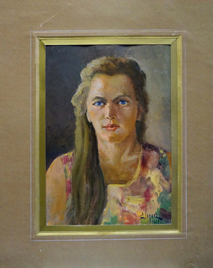 Oil painting portrait of girl with wavy brown hair and blue eyes by Dmitry Lednev