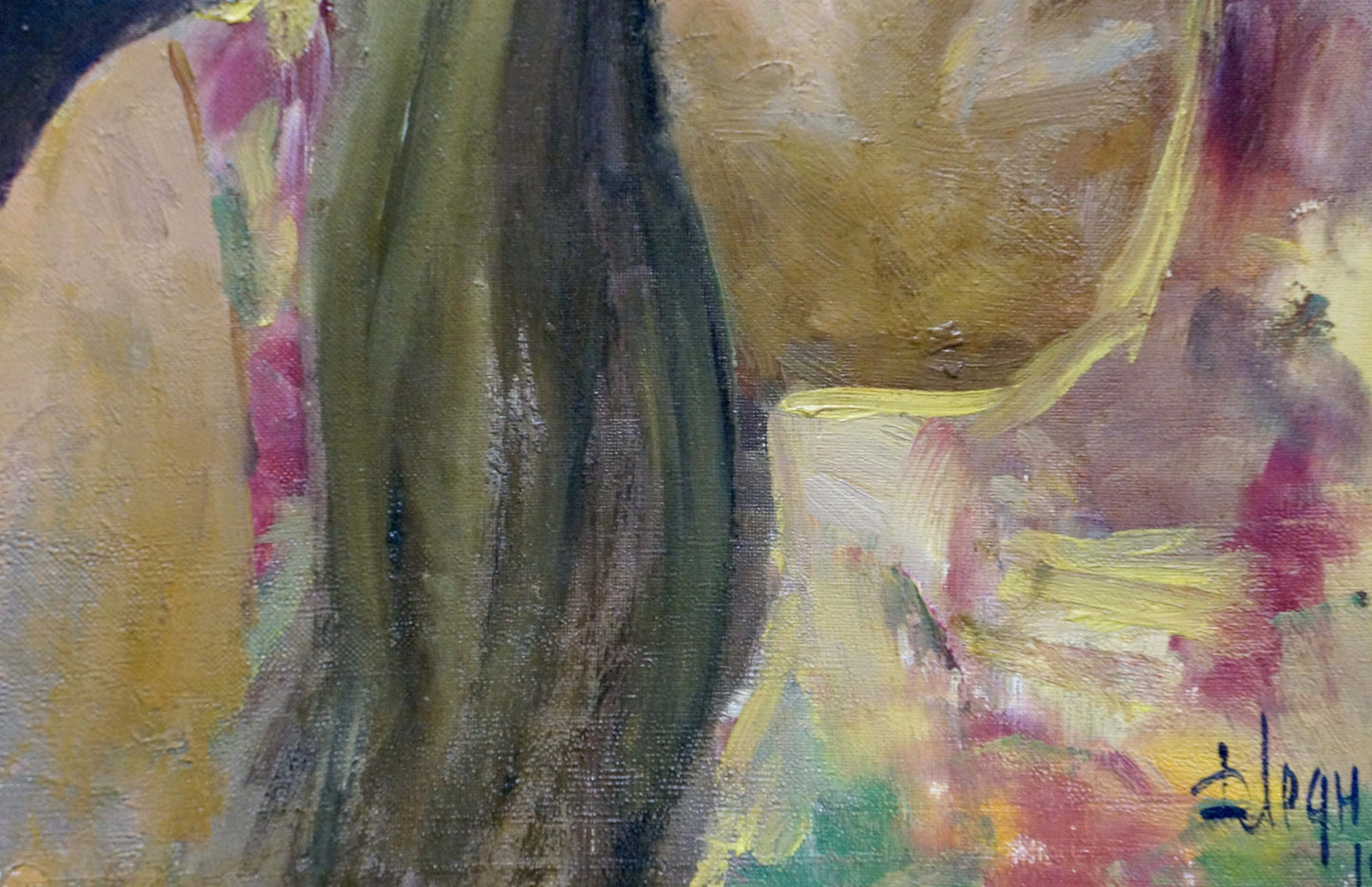 Oil painting portrait of a girl by Dmitry Lednev with green, yellow, pink strokes
