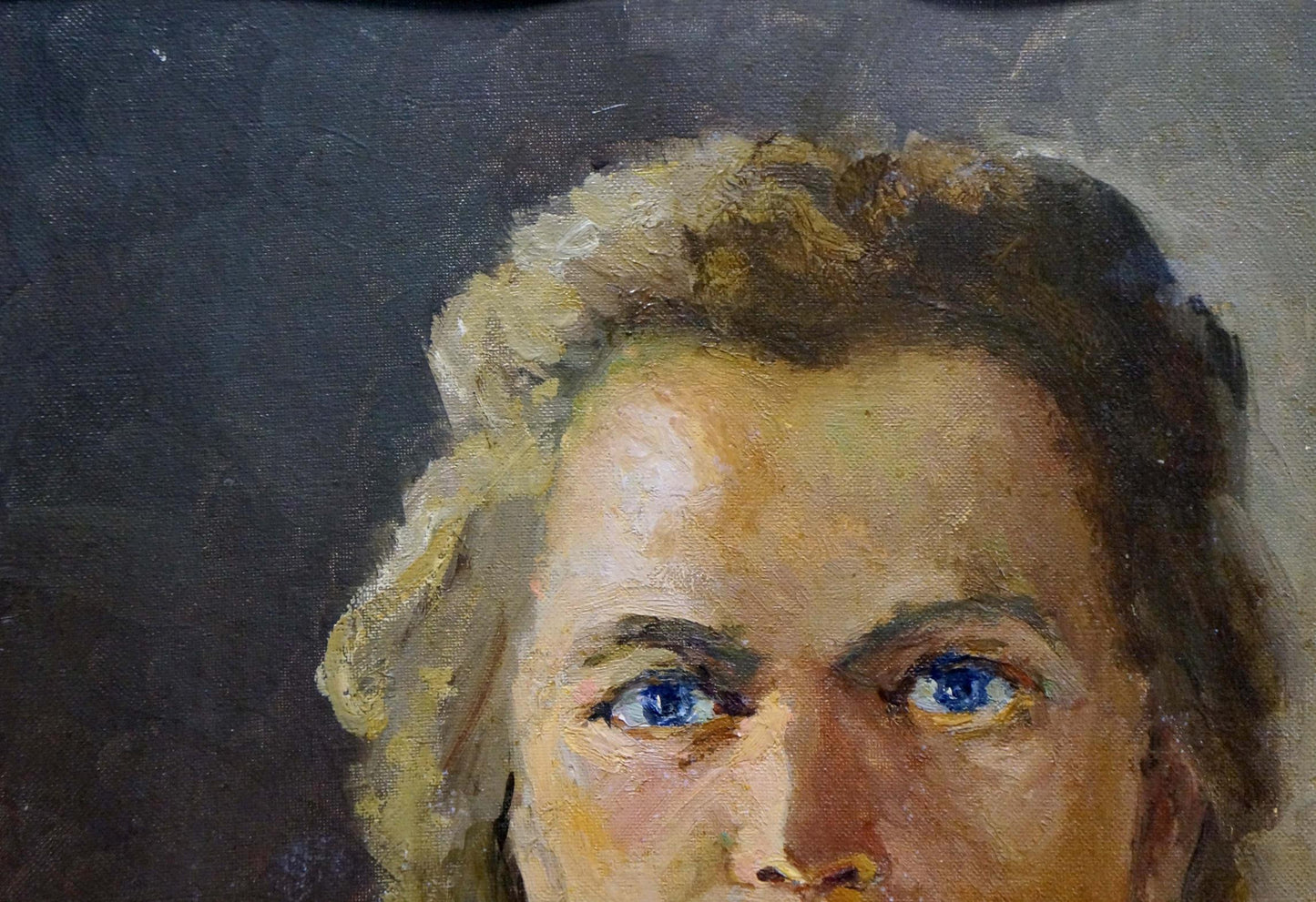 Oil painting portrait of a girl by Dmitry Lednev, blonde hair, blue eyes