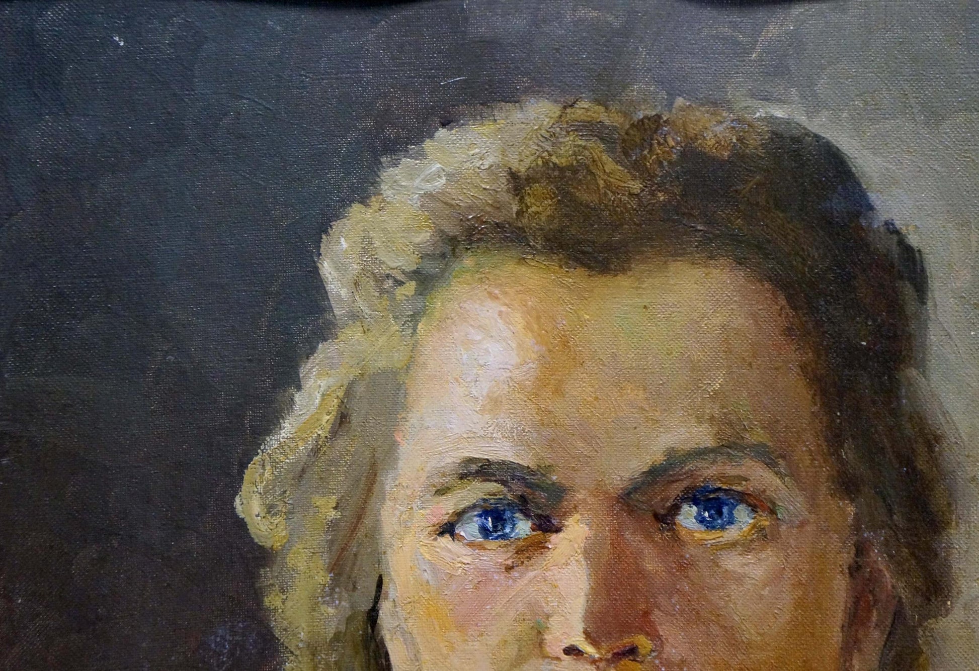 Oil painting portrait of a girl by Dmitry Lednev, blonde hair, blue eyes