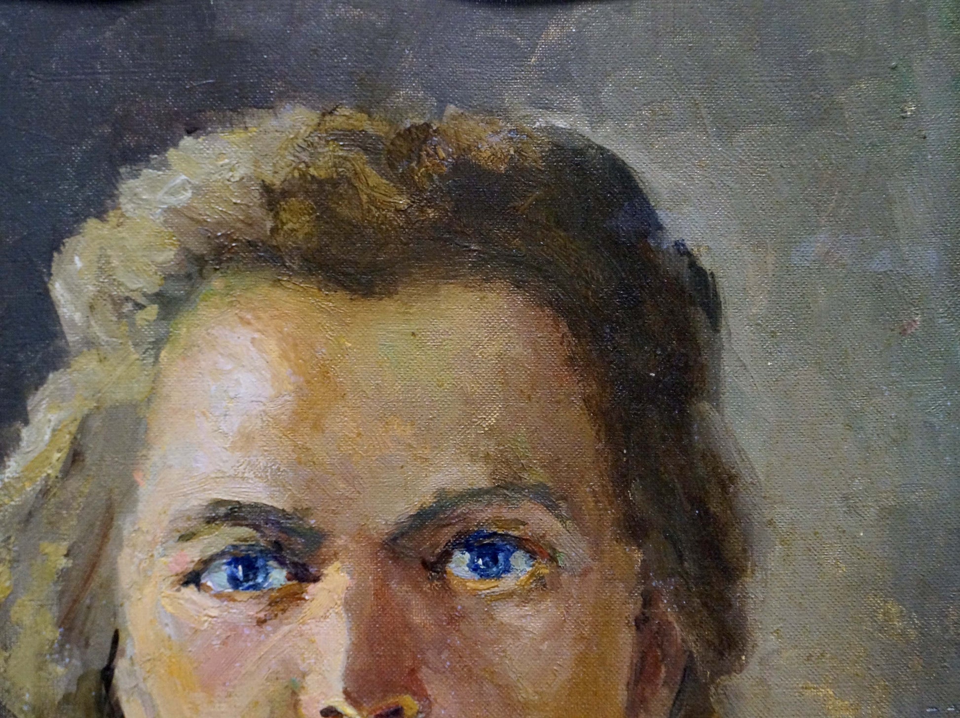 Oil painting portrait of a girl by Dmitry Lednev with striking blue eyes