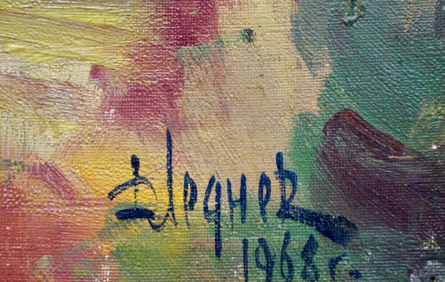 Back of Dmitry Lednev oil painting with Дорнек 1968 signature
