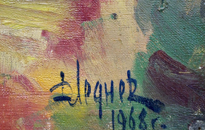 Back of Dmitry Lednev oil painting with Дорнек 1968 signature