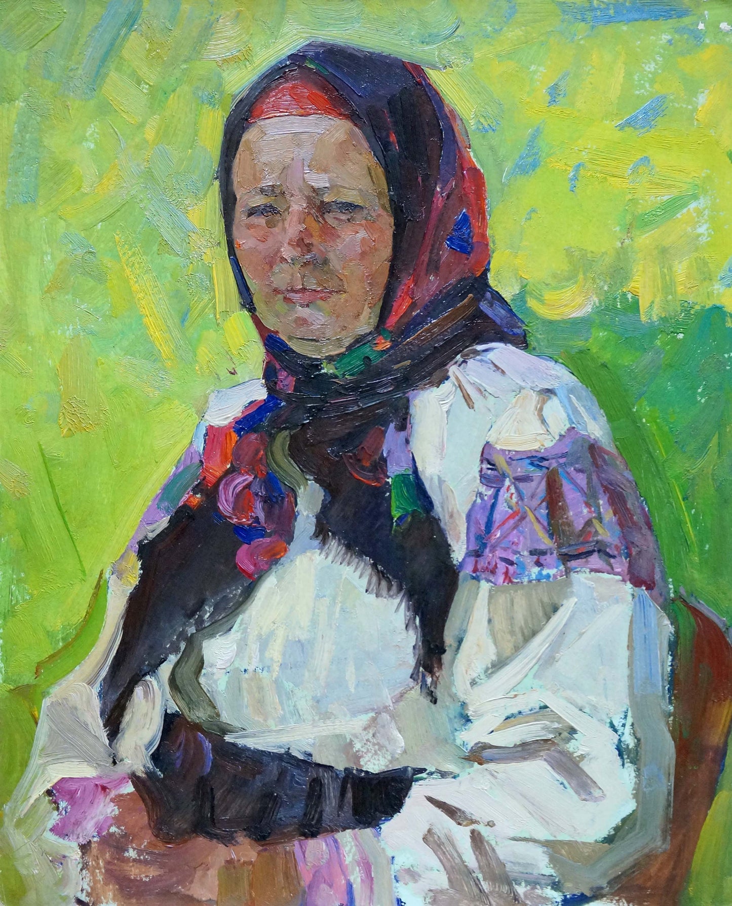 Oil painting portrait of grandmother by Zhabinsky Leonid Andreevich in red black headscarf