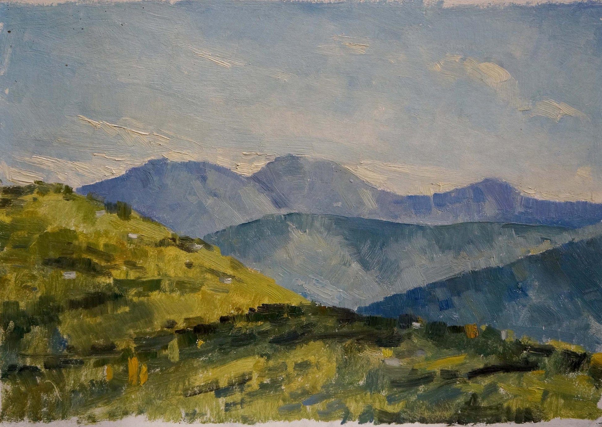 Textured oil painting of mining quarry mountains under cloudy sky