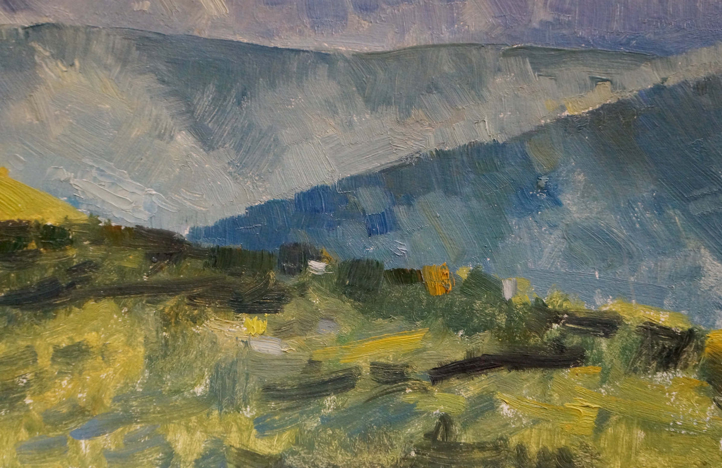 Textured oil painting of mining quarry in green hills and valleys