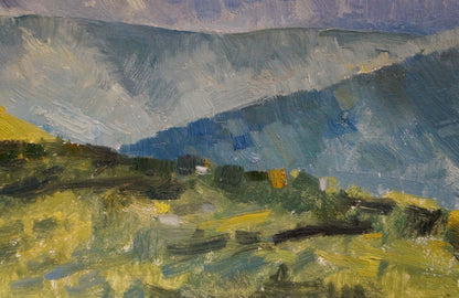 Textured oil painting of mining quarry in green hills and valleys