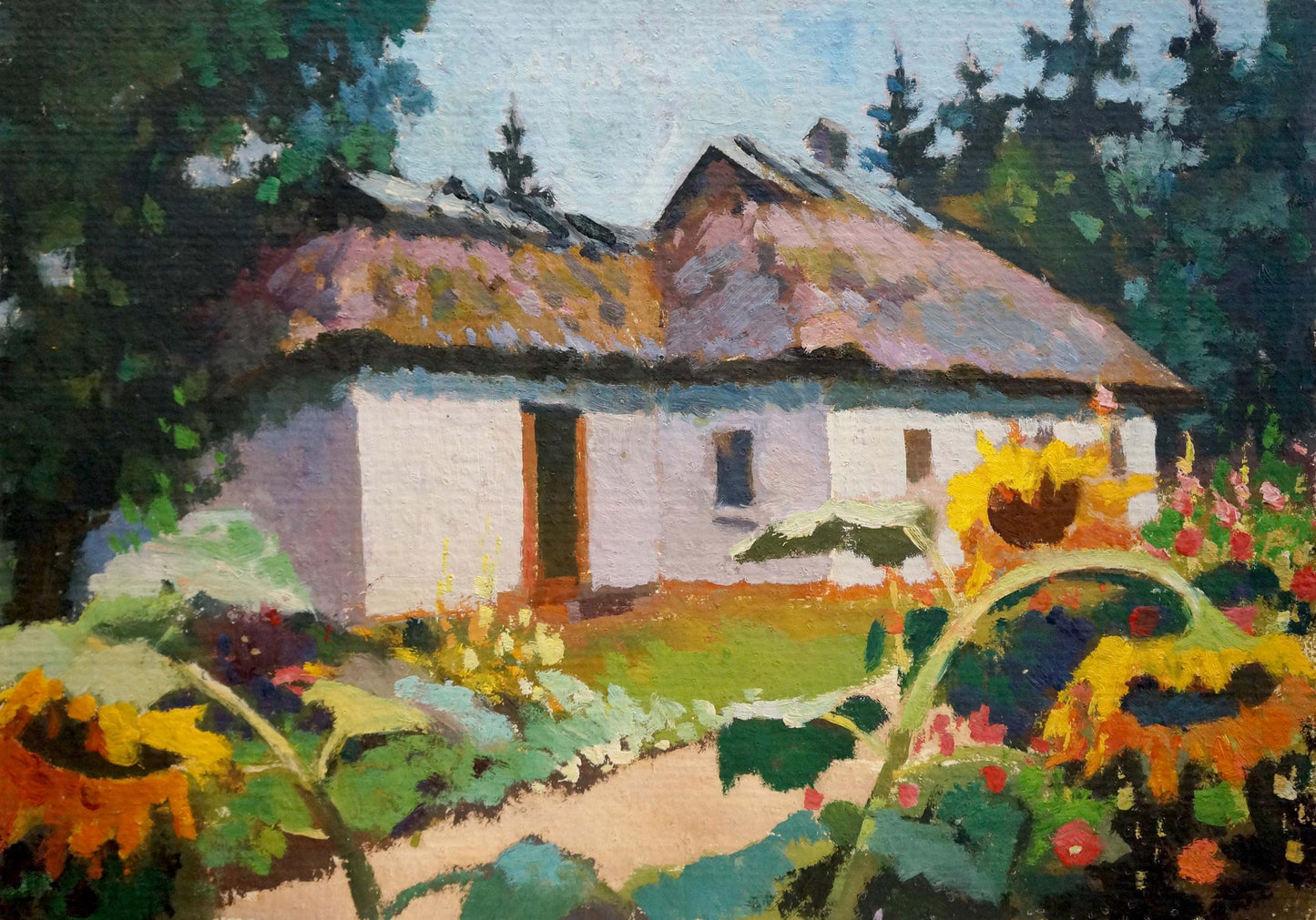 Oil painting of rustic white thatched cottage in sunflower courtyard