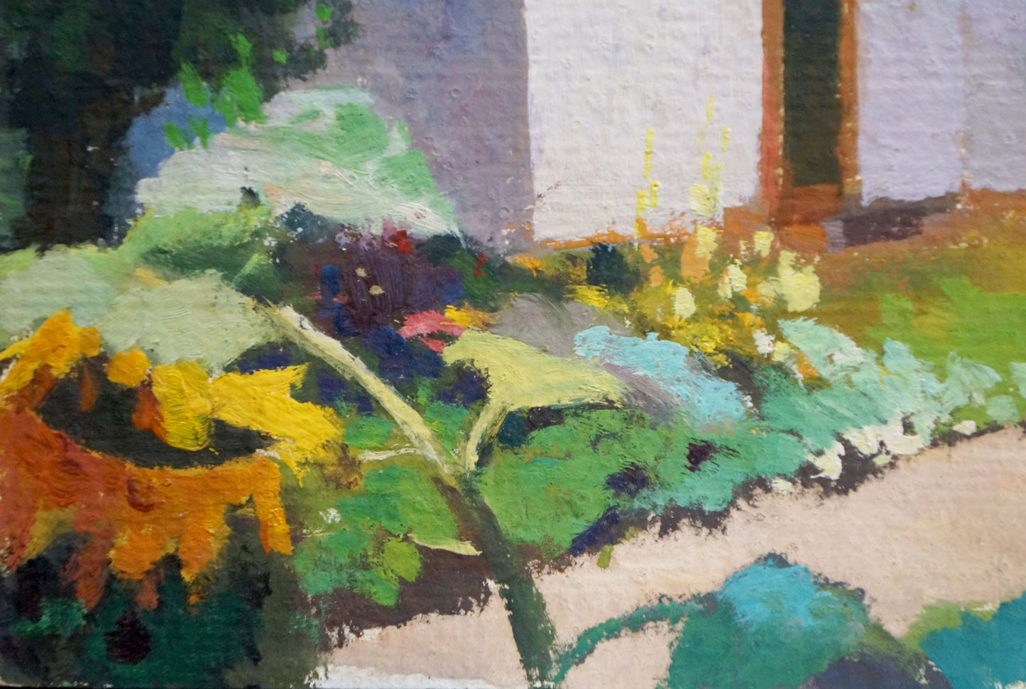 Vibrant impressionist oil painting of courtyard garden with sunflowers