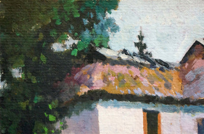Oil painting of courtyard landscape: textured rustic thatch roof under green foliage