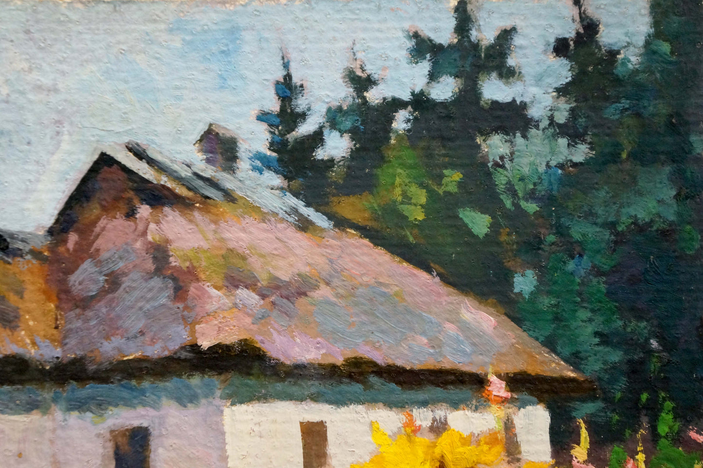 Oil painting of rustic thatched roof house in courtyard landscape