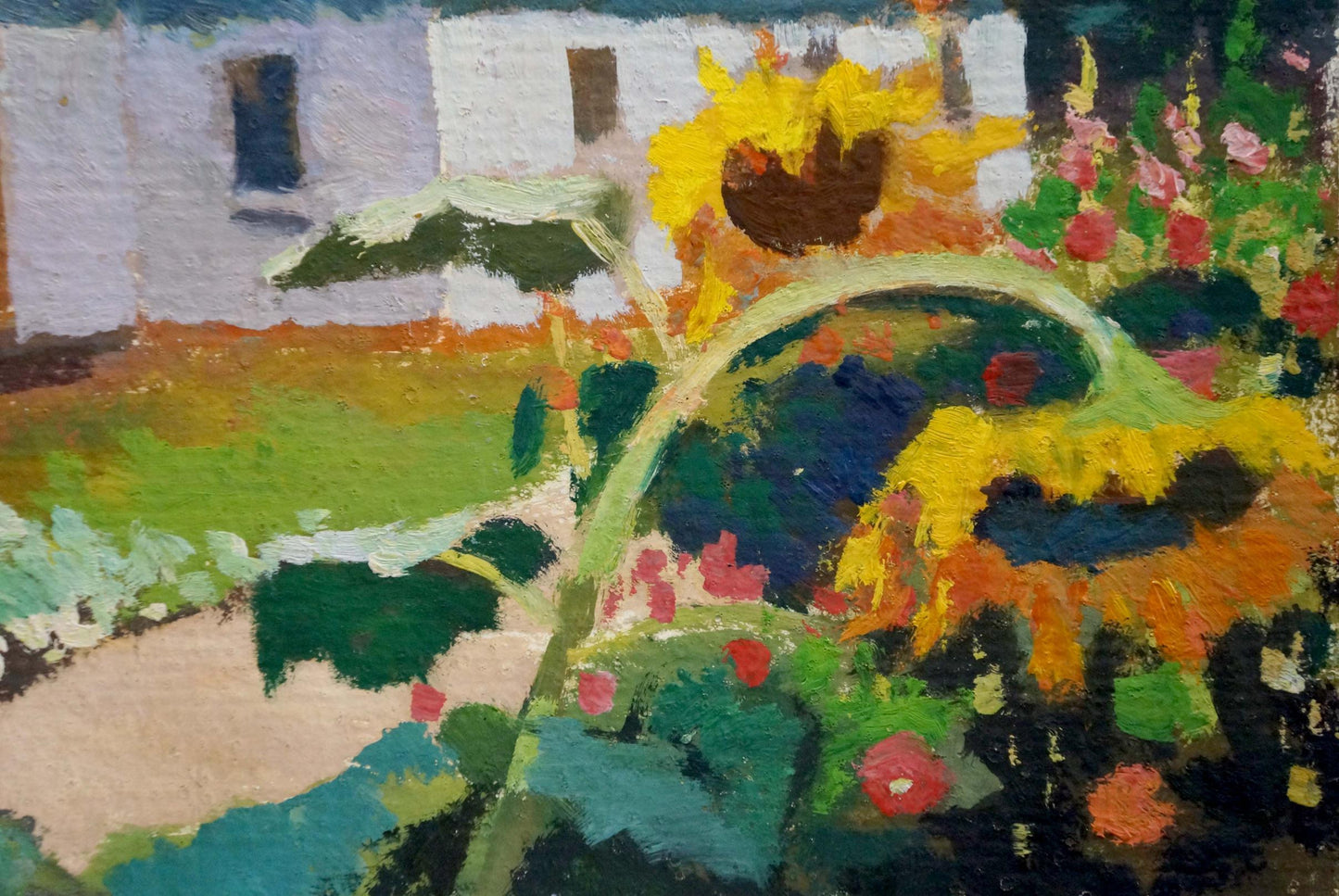 Vibrant yellow sunflowers in oil painting courtyard landscape
