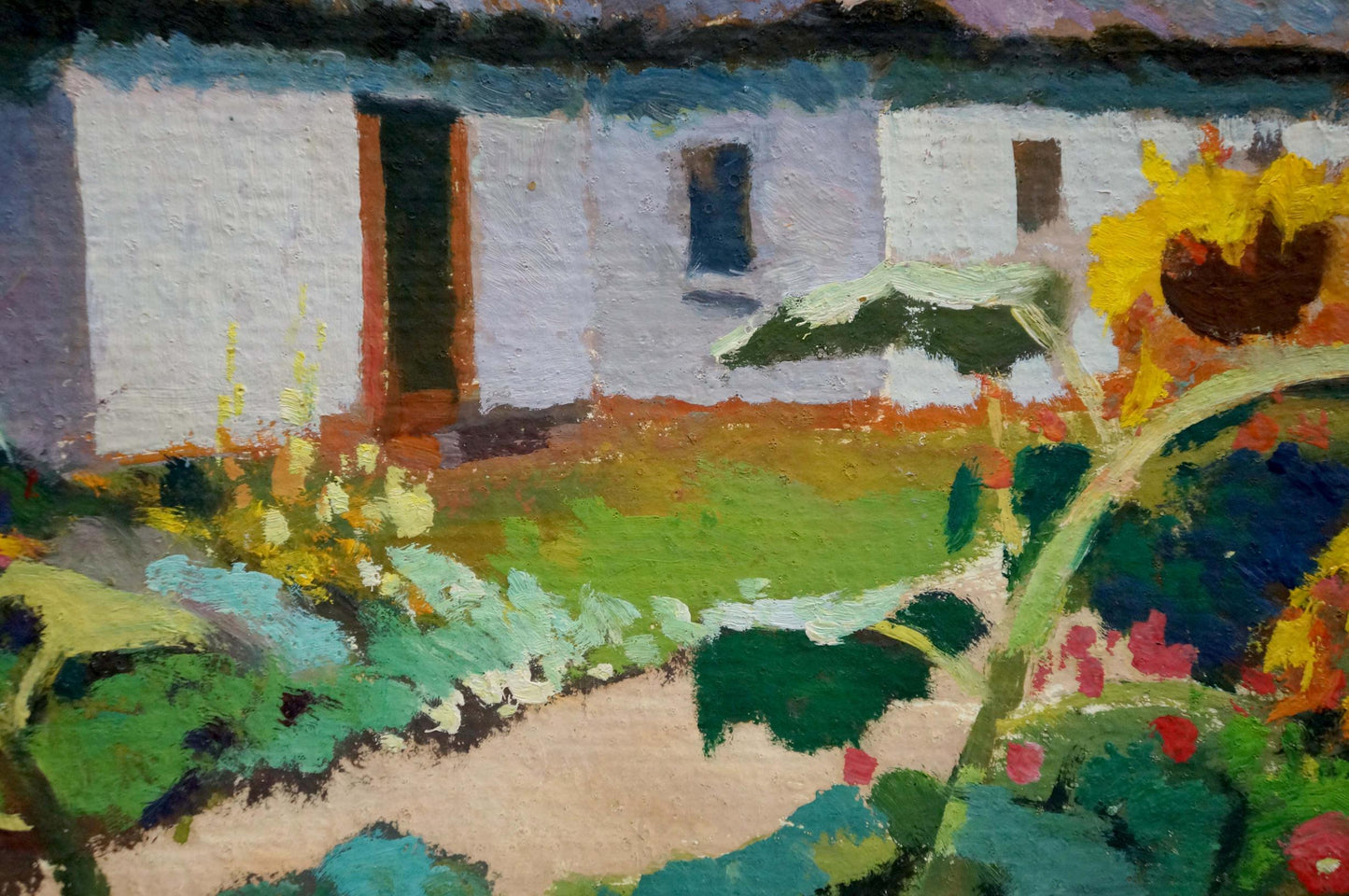 Vibrant sunflower oil painting in courtyard landscape garden scene