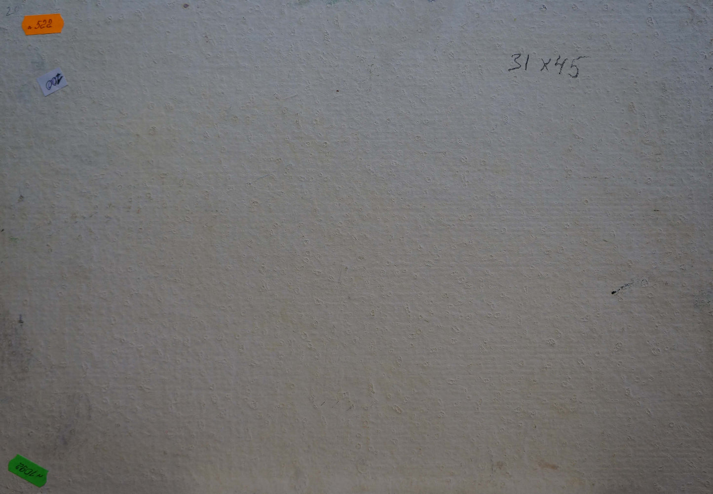 Back of oil painting Courtyard landscape on off-white textured wall with dimensions and price tags
