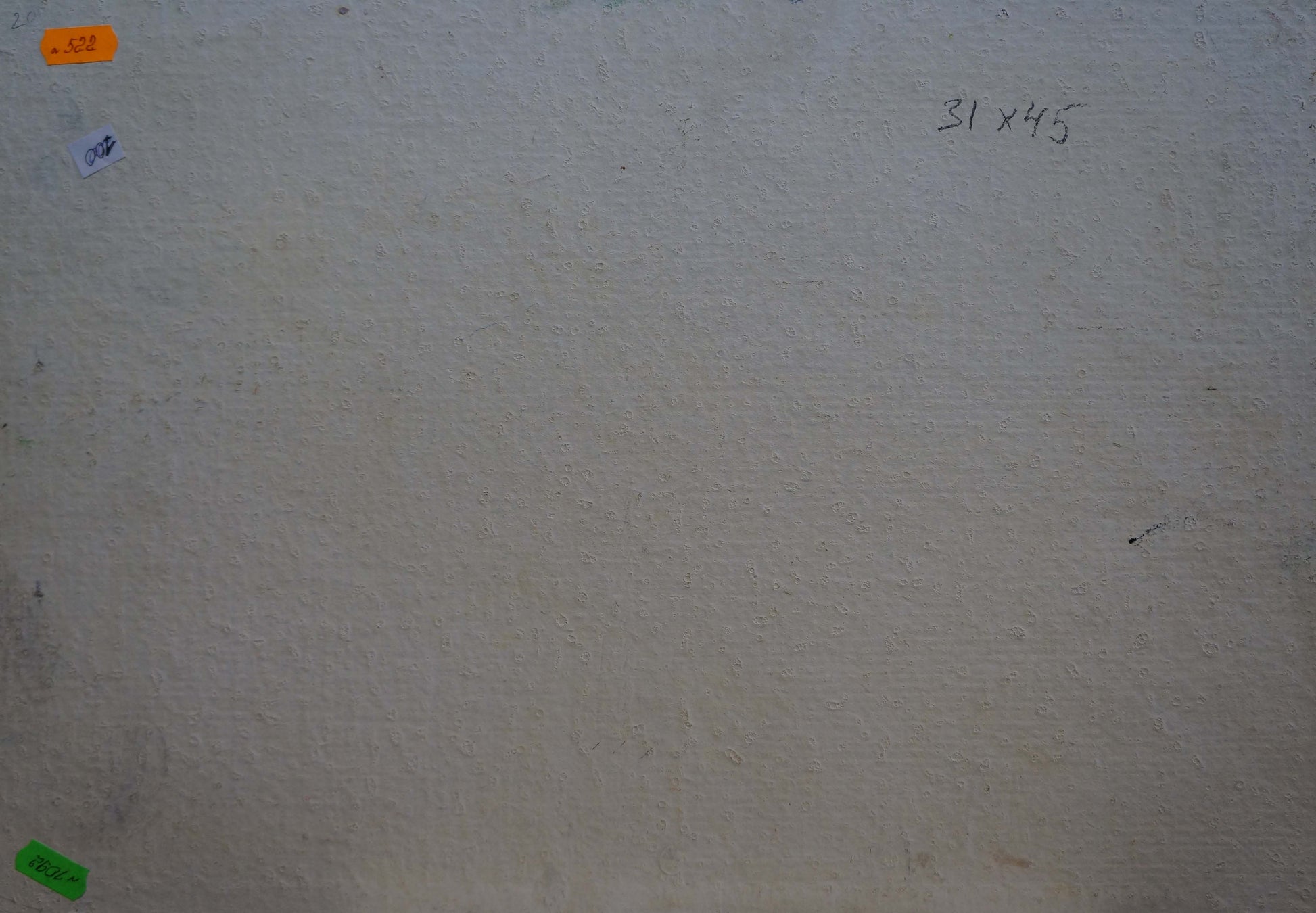 Back of oil painting Courtyard landscape on off-white textured wall with dimensions and price tags