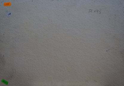 Back of oil painting Courtyard landscape on off-white textured wall with dimensions and price tags