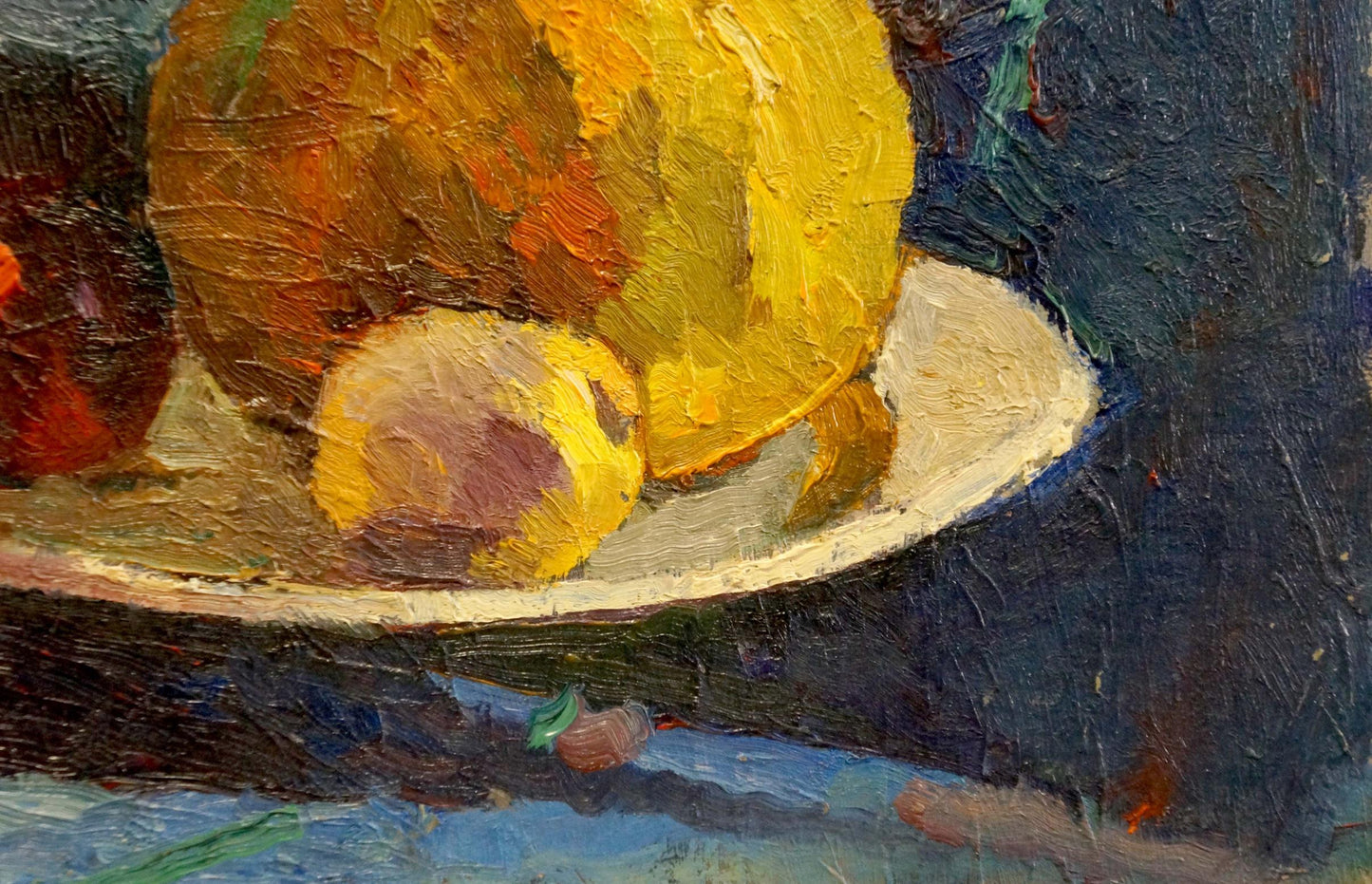 Textured impressionistic oil painting of yellow citrus fruit on white plate by Sergeev N. S