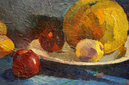 Oil painting of colorful apples on white plate by Sergeev N. S