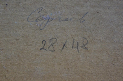 Back of Oil painting Apples on the table by Sergeev N. S. with signature and dimensions on beige canvas