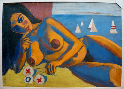 Oil painting portrait of female figure in blue orange tones with nautical elements