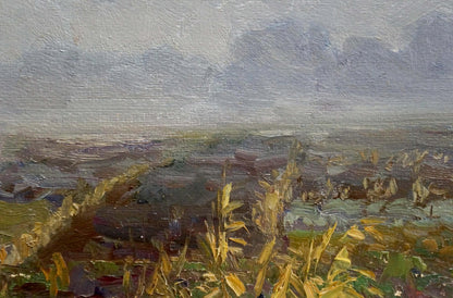 Oil painting Fog by Mordovets Andrey Nikitich: misty landscape with golden grasses