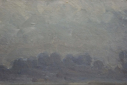 Textured gray oil painting Fog by Mordovets Andrey Nikitich, cloudy sky with dark silhouetted trees