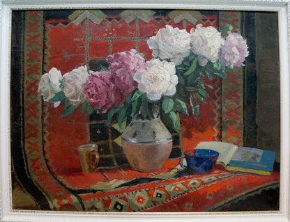 Oil painting of roses in matte ceramic vase with white and pink peonies